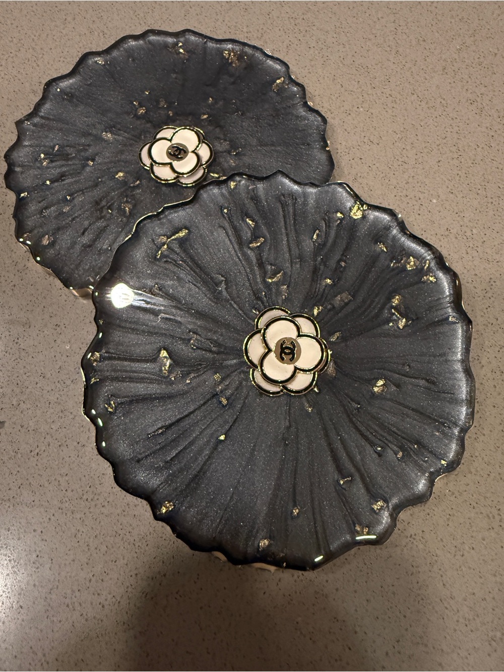 Handmade Resin Black and Gold Camellia Coasters (Set)